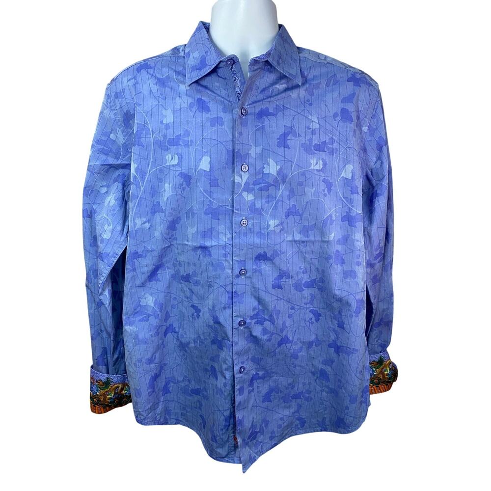 Robert Graham Blue Camo AOP Floral Dragon Button Up Shirt Mens L Long Sleeve
